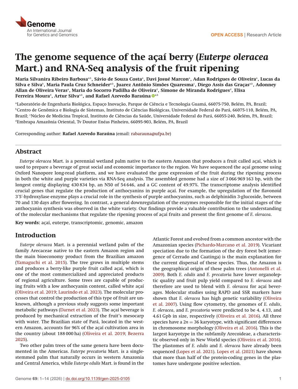 The Genome Sequence of the Açaí Berry (Euterpe oleracea Mart.) and RNA-Seq Analysis of the Fruit Ripening