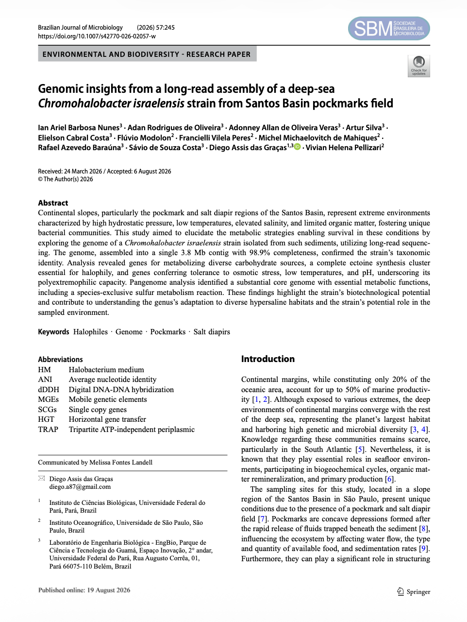 Genomic Insights from a Long-Read Assembly of a Deep-Sea Chromohalobacter israelensis Strain from Santos Basin Pockmarks Field